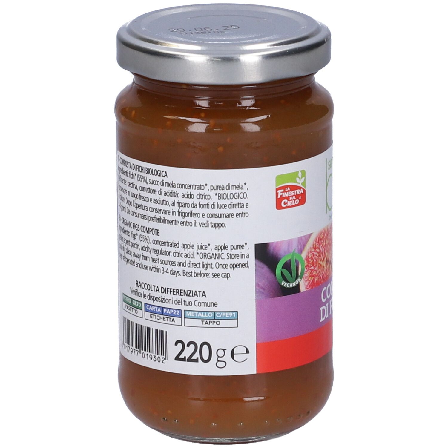Vasetto di composta. Retro con elenco ingredienti e informazioni nutrizionali. Coperchio in metallo. Scritta: 220g.