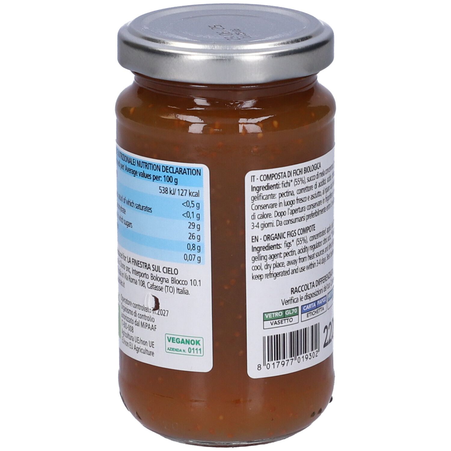 Vasetto di composta. Retro con informazioni nutrizionali e produttore. Coperchio in metallo. Scritta: 220g.