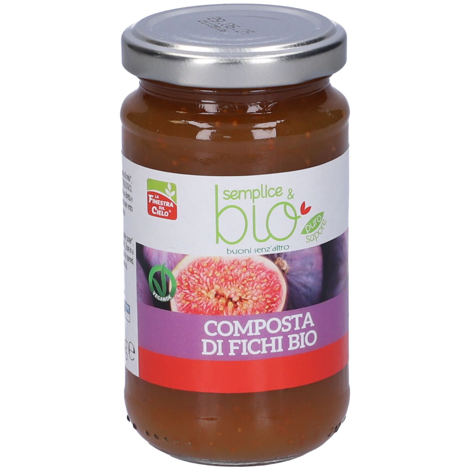 Vasetto di composta. Etichetta con nome, logo e immagine di fico. Coperchio in metallo. Scritta: Composta di Fichi Bio.