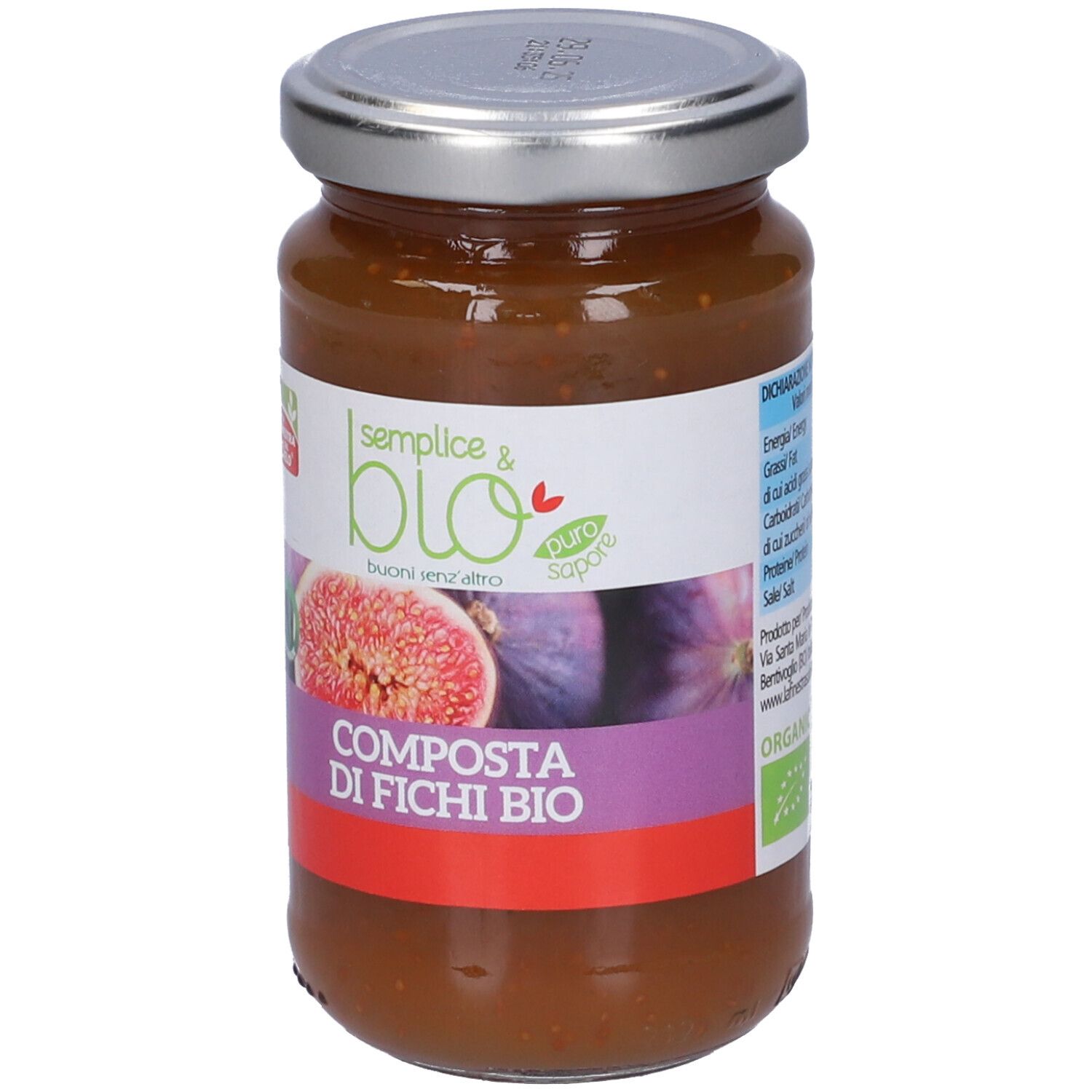 Vasetto di composta. Etichetta con nome, logo e immagine di fico. Coperchio in metallo. Scritta: Composta di Fichi Bio.