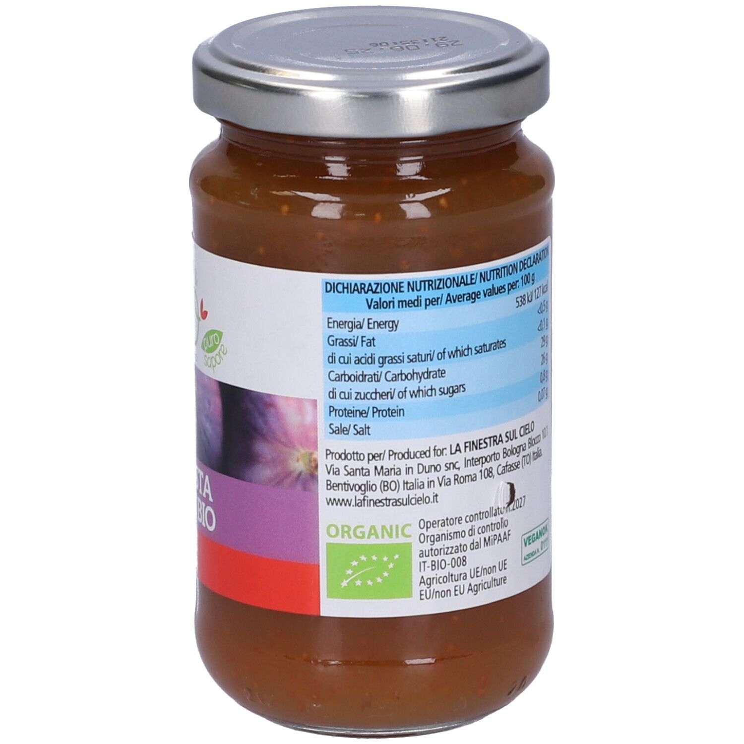 Vasetto di composta. Retro con informazioni nutrizionali e produttore. Coperchio in metallo. Scritta: Composta di Fichi Bio.