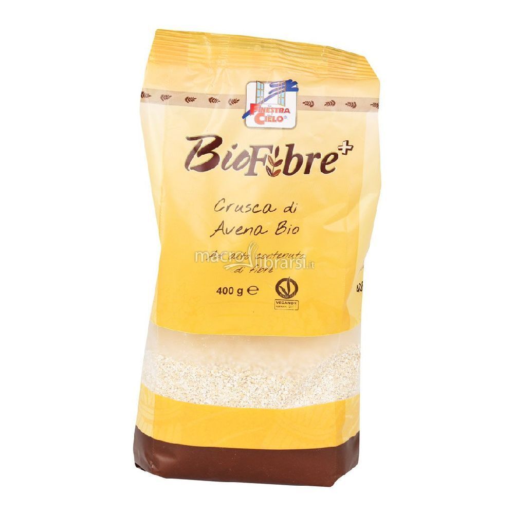 Confezione Biofibre+ Crusca di Avena Bio. Prodotto visibile attraverso area trasparente. Sigillo.