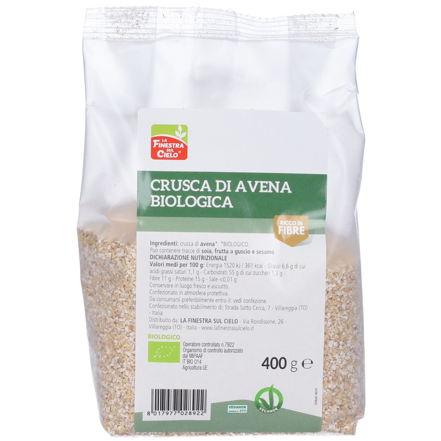 Confezione Crusca di Avena Biologica. Etichetta verde con informazioni. 400g. Sigillo biologico.