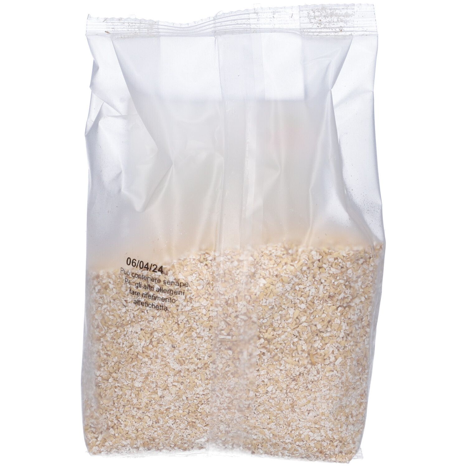 Confezione trasparente con Crusca di Avena. Prodotto visibile. Stampa data.