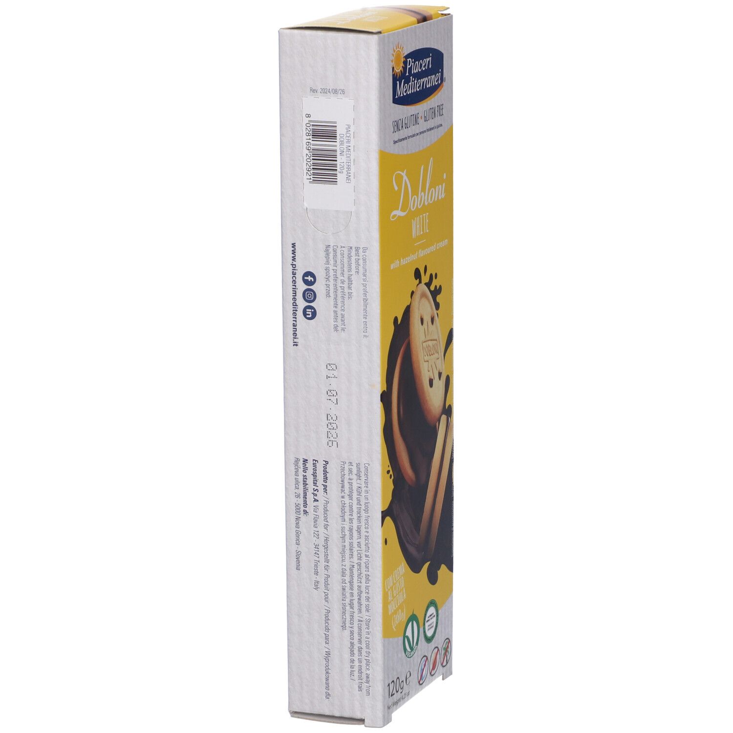 Piaceri Mediterranei® Dobloni White-Verpackung. Seitenansicht. Glutenfrei. Barcode und Text. 120g. Vegan-Logo.