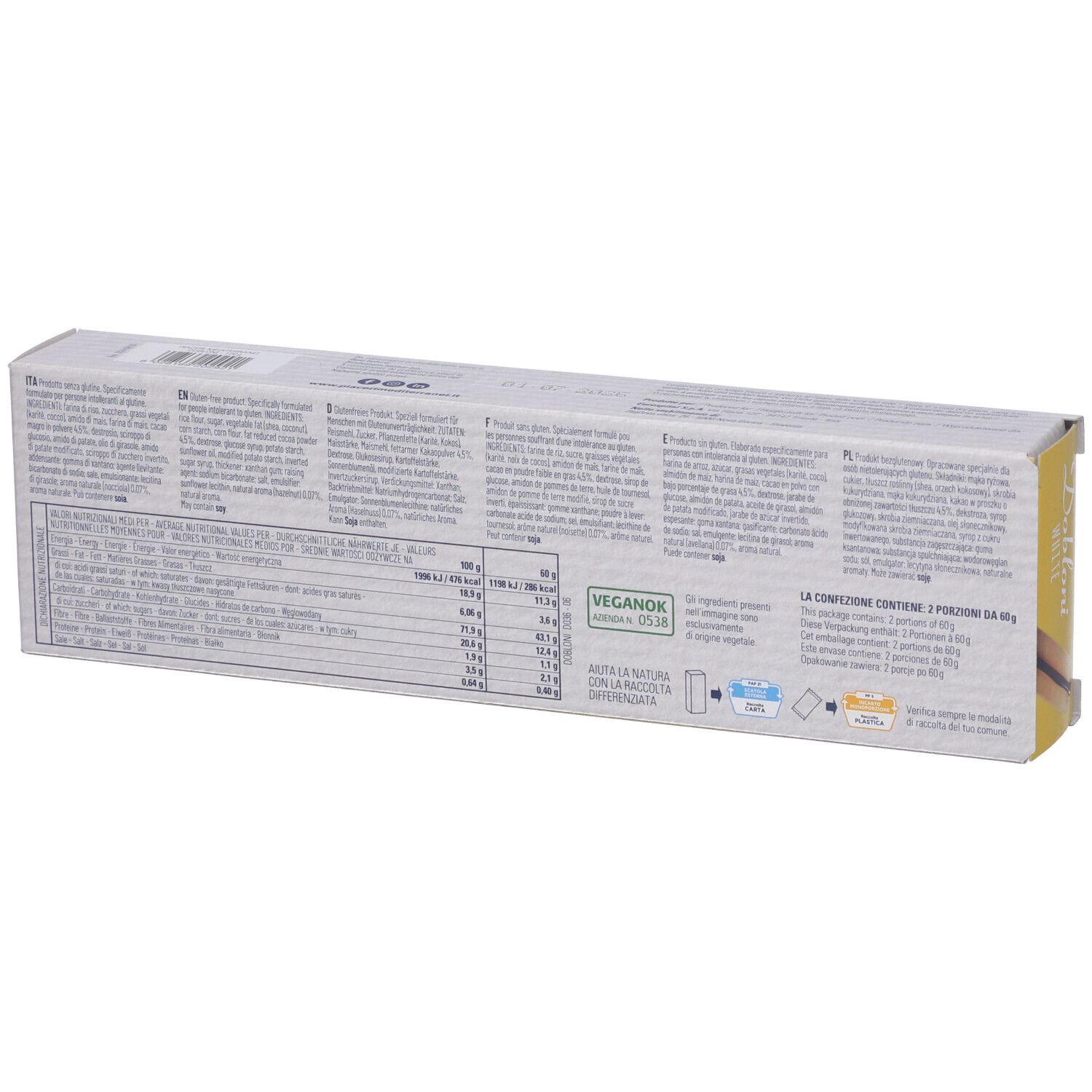 Piaceri Mediterranei® Dobloni White-Verpackung. Rückseite mit Nährwertangaben und Text. Vegan-Logo. 120g.