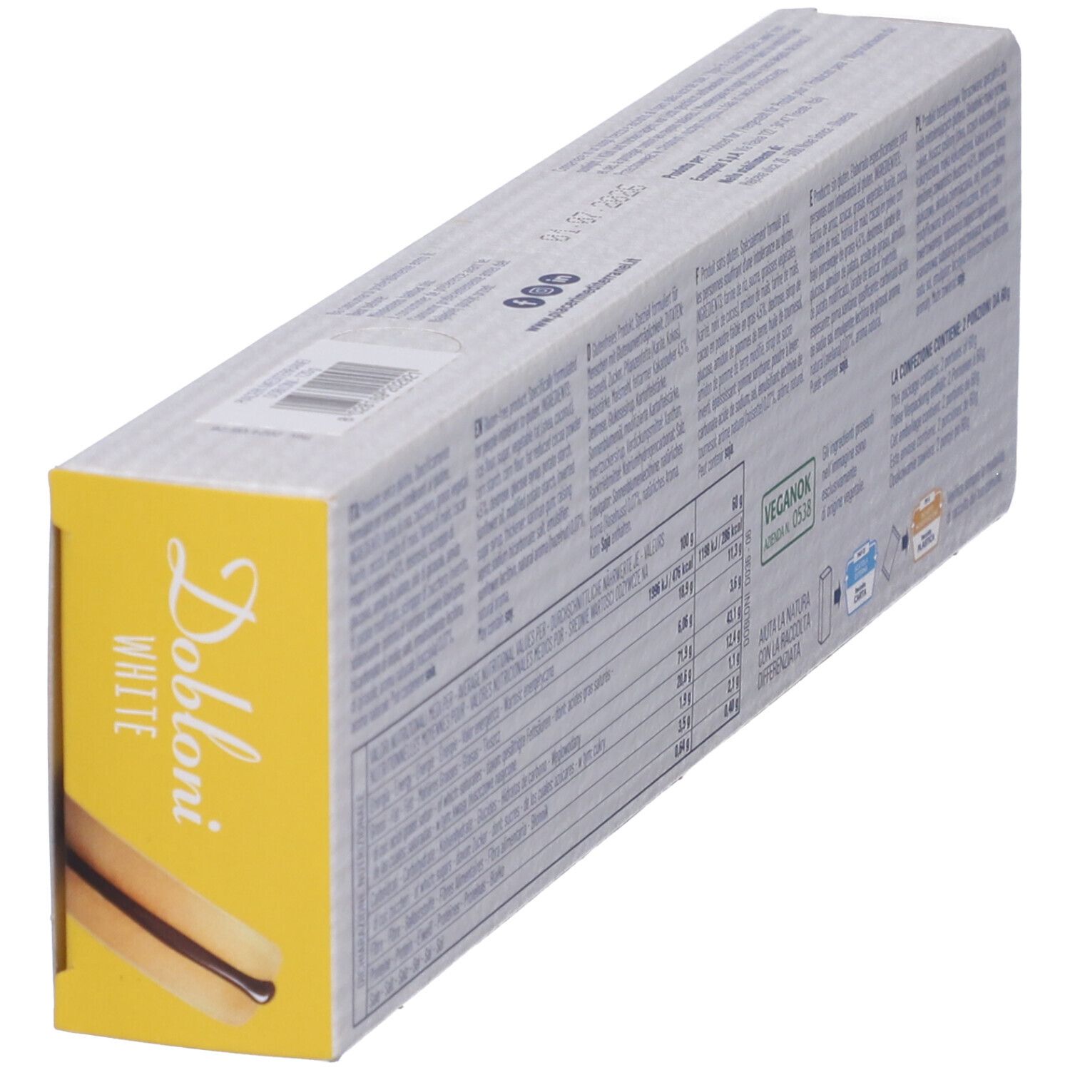 Piaceri Mediterranei® Dobloni White-Verpackung. Rückseite mit Nährwertangaben und Text. Vegan-Logo. 120g.