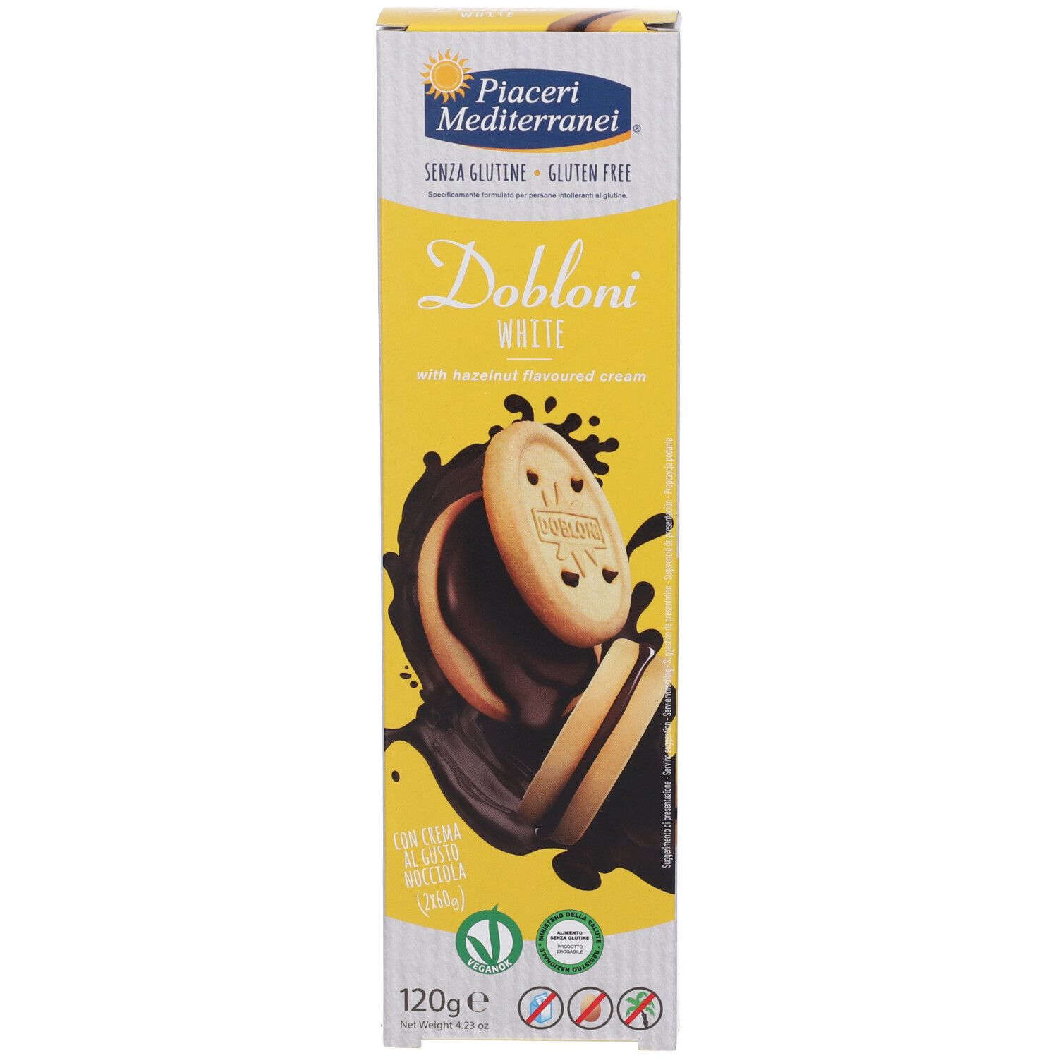 Piaceri Mediterranei® Dobloni White-Verpackung. Glutenfrei. Abbildung von Keksen mit Haselnusscreme und Schokoladen-Spritzern. 120g.