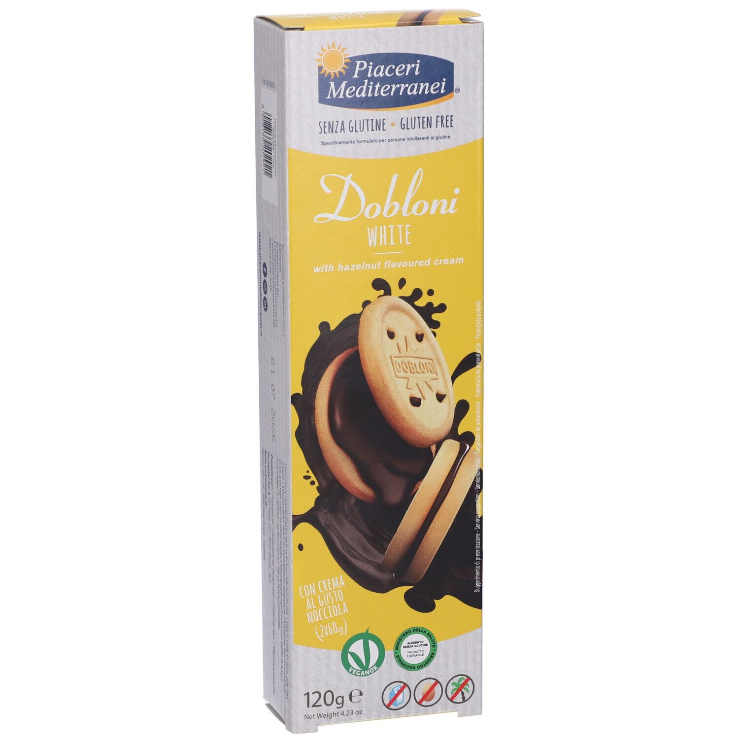 Piaceri Mediterranei® Dobloni White-Verpackung. Glutenfrei. Abbildung von Keksen mit Haselnusscreme und Schokoladen-Spritzern. 120g.