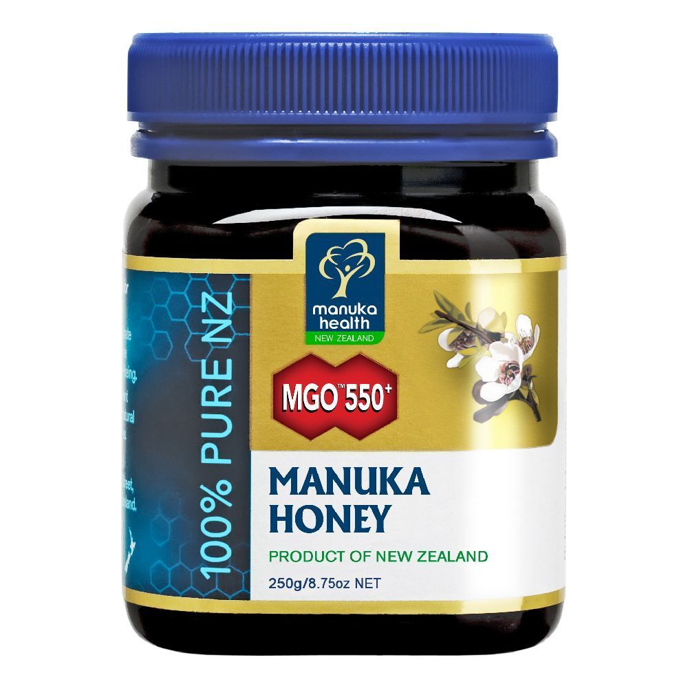 Vasetto di miele di Mānuka. Etichette blu e oro con logo, MGO 550+ e testo. Prodotto dalla Nuova Zelanda. 250g.