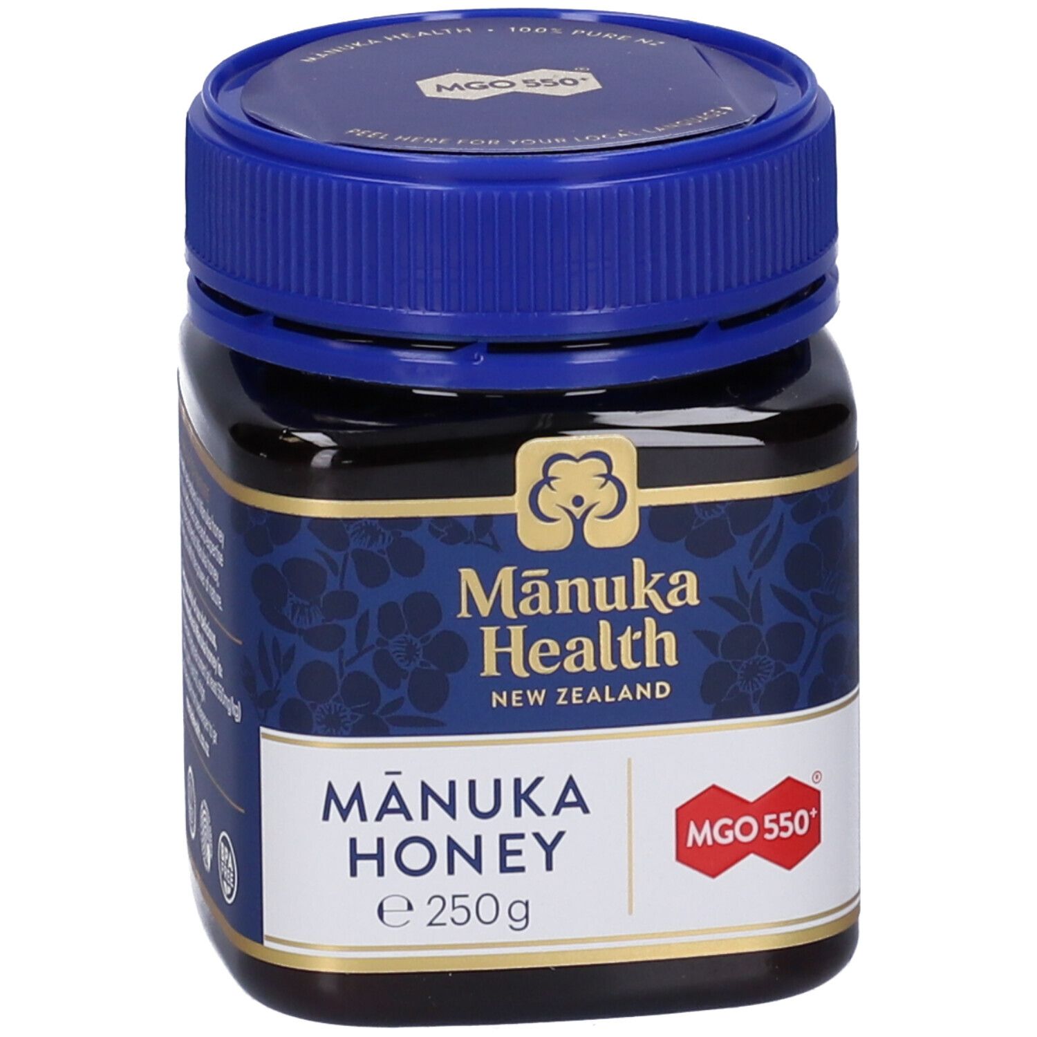 Vasetto di miele di Mānuka. Etichetta blu con logo, MGO 550+ e testo. 250g.