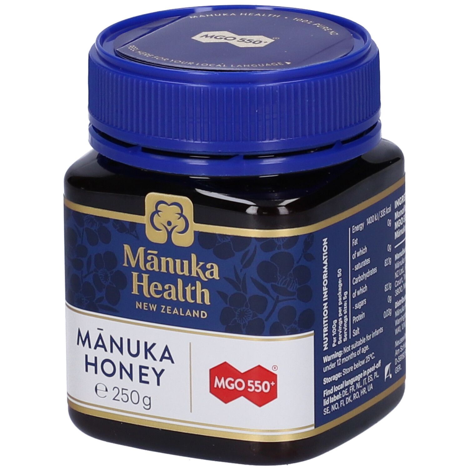 Vasetto di miele di Mānuka. Etichetta blu con logo, MGO 550+ e testo. 250g. Informazioni nutrizionali.