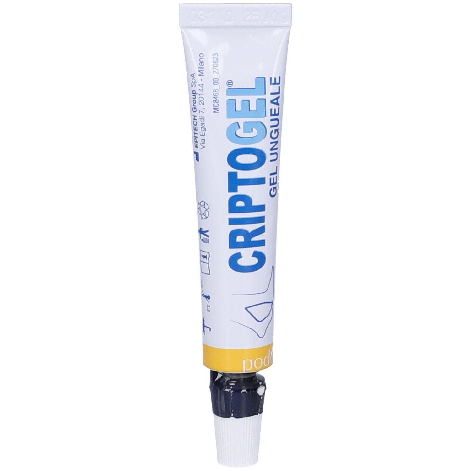 Tubo con nome del prodotto. Gel per unghie. Sfondo bianco.