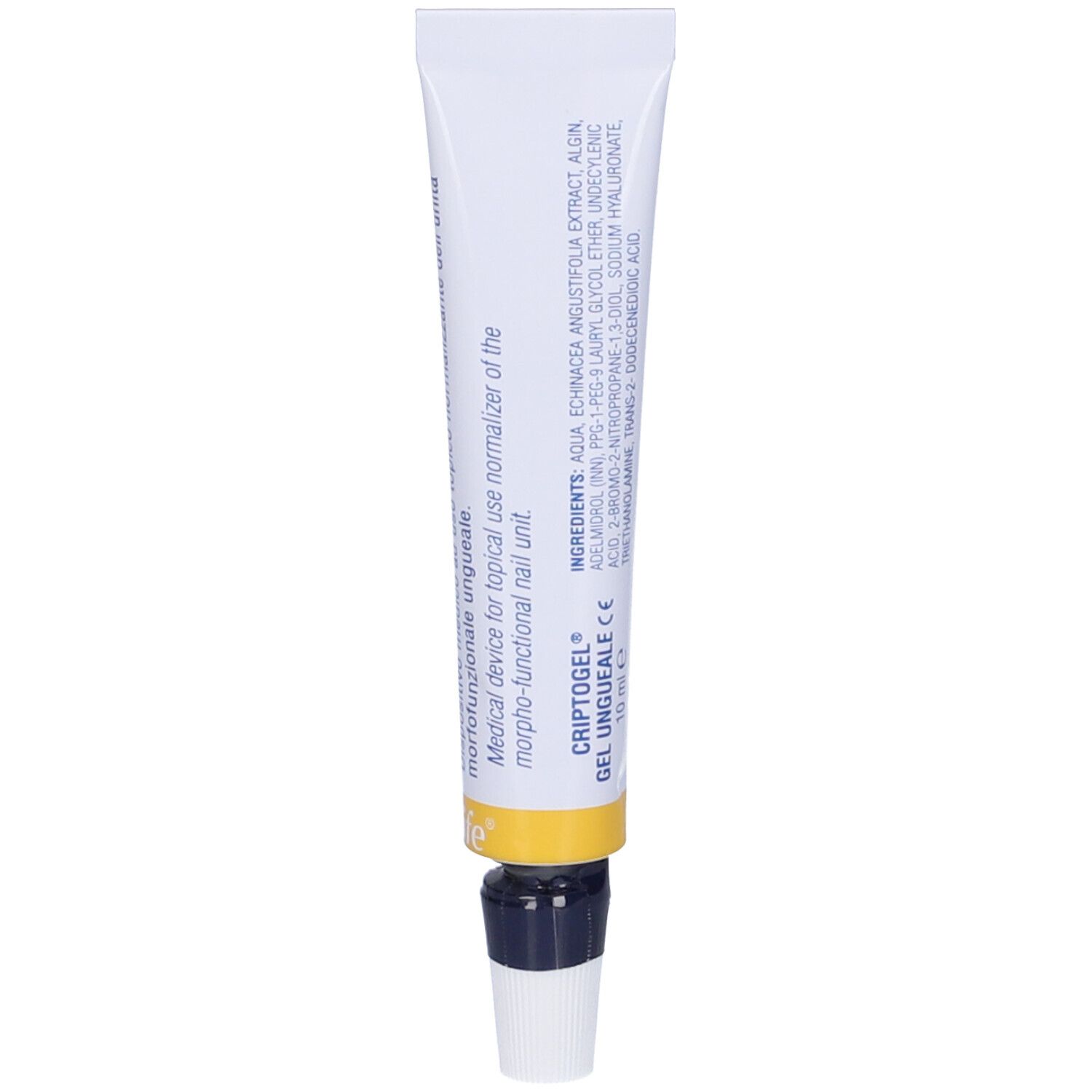 Retro del tubo con ingredienti e nome del prodotto. Gel per unghie.