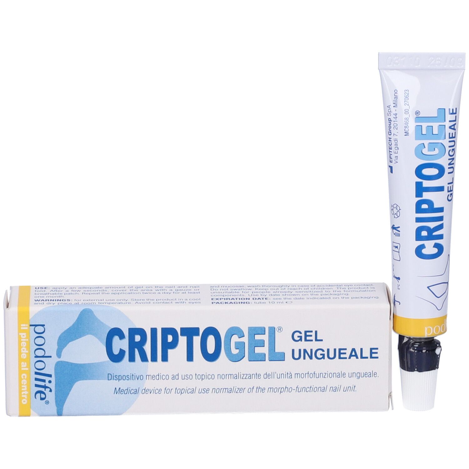 Confezione e tubo del prodotto. Gel per unghie. Sfondo bianco.