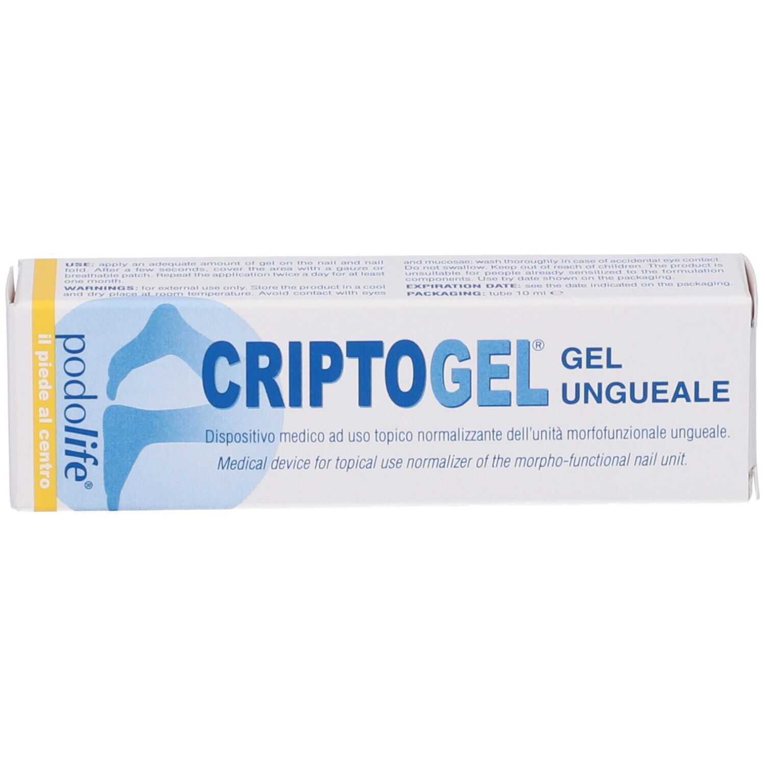 Confezione con nome del prodotto. Gel per unghie. Sfondo bianco.