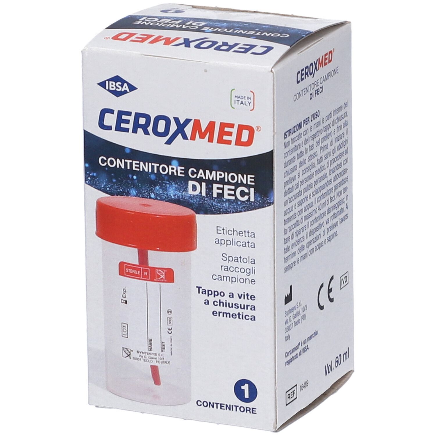 CERUXMED Probenbehälter für Fäkalien, Vorderseite mit Etikett, Spatel und rotem Schraubdeckel. Steril.