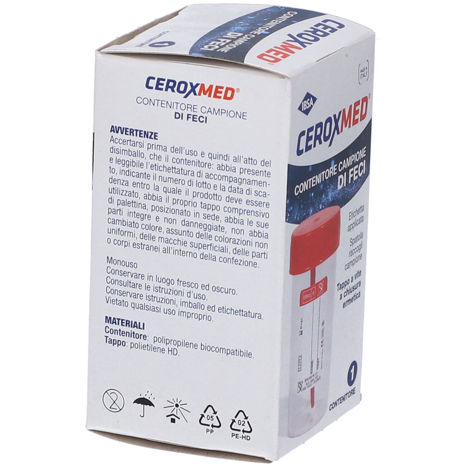 CERUXMED Probenbehälter für Fäkalien, Seitenansicht mit Warnhinweisen und Materialinformationen.