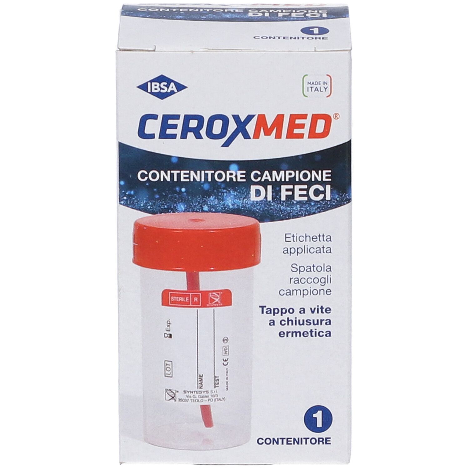 CERUXMED Probenbehälter für Fäkalien, Vorderseite mit Etikett, Spatel und rotem Schraubdeckel. Made in Italy.