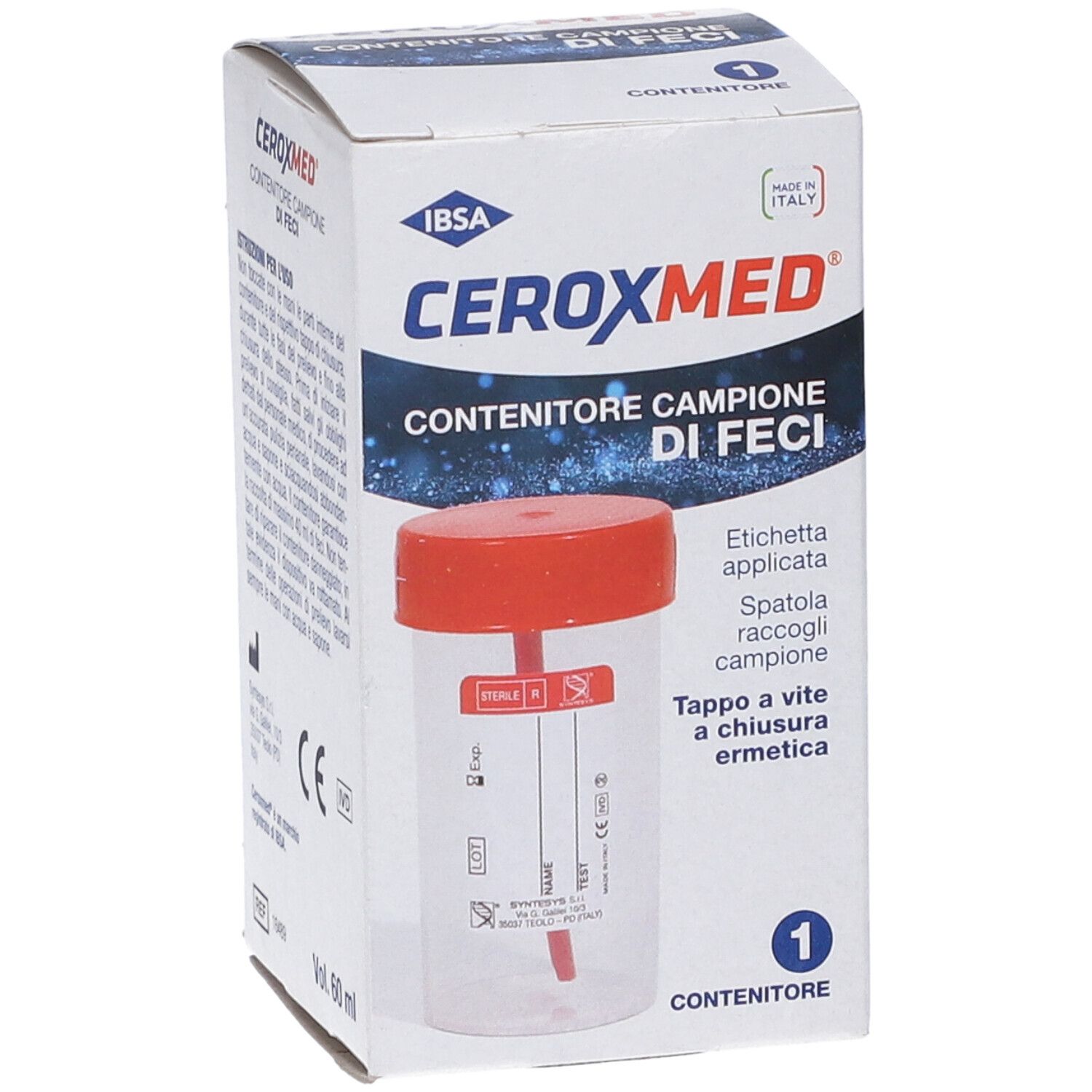 CERUXMED Probenbehälter für Fäkalien, Vorderseite mit Etikett, Spatel und rotem Schraubdeckel. Steril.
