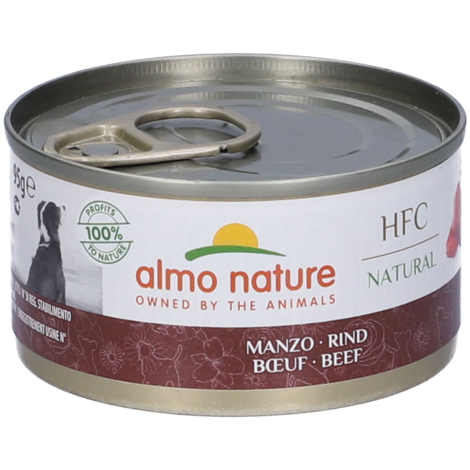 Lattina rotonda con coperchio. Scritta: Almo Nature, HFC Natural. Testo: Manzo, Rind, Boeuf, Beef. Logo: 100% to Nature.