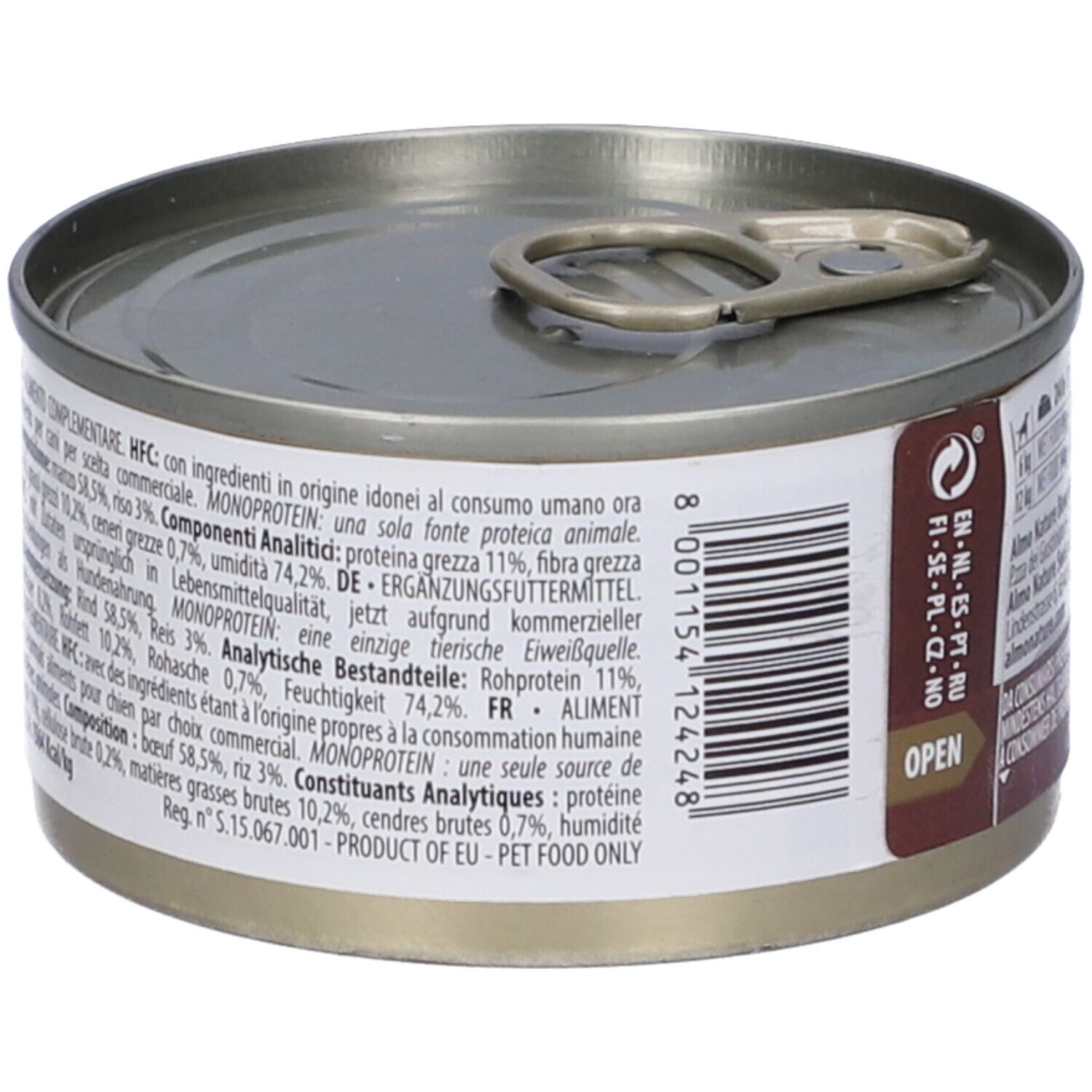 Lattina con coperchio. Scritta: HFC, Monoproteina. Testo: Componenti Analitici. Indirizzo: Almo Nature. Logo: Prodotto UE.