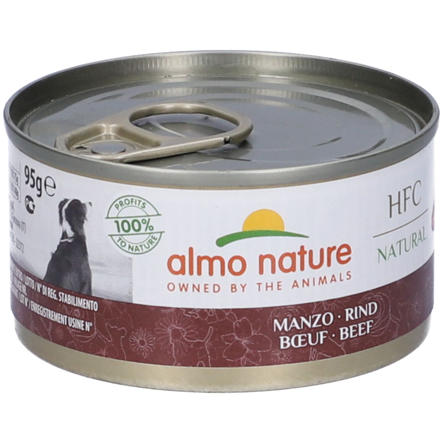 Lattina rotonda con coperchio. Scritta: Almo Nature, HFC Natural. Testo: Manzo, Rind, Boeuf, Beef. Logo: 100% to Nature.