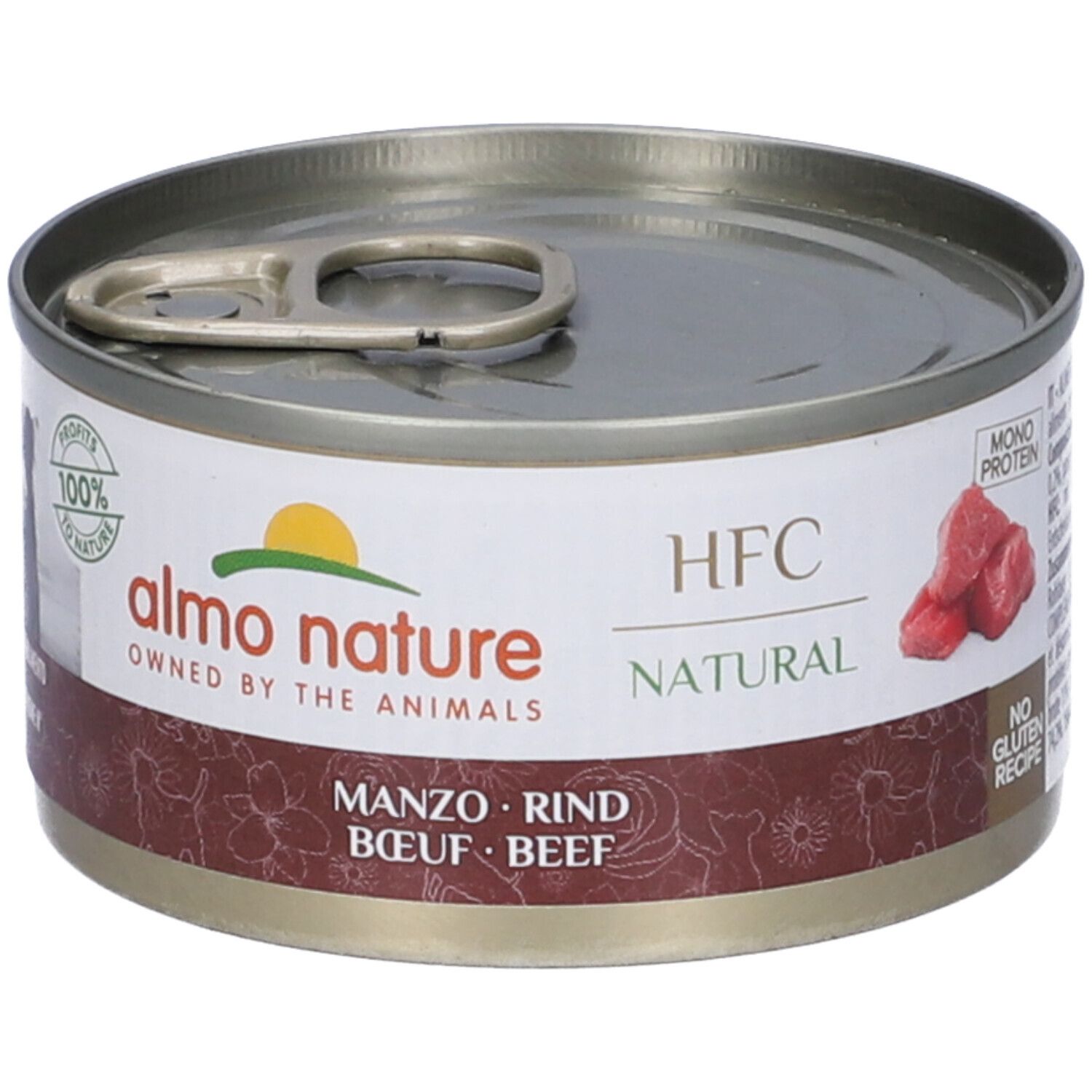 Lattina rotonda con coperchio. Scritta: Almo Nature, HFC Natural. Testo: Manzo, Rind, Boeuf, Beef. Logo: 100% to Nature. Pezzi di carne.