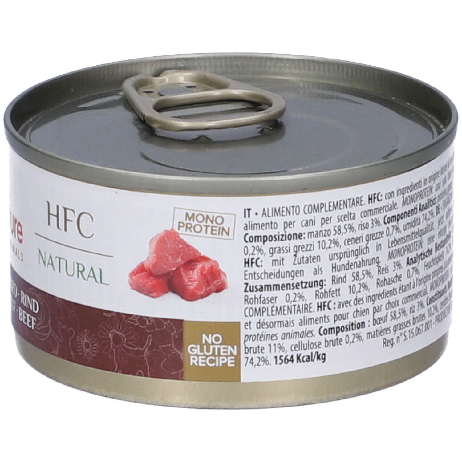 Lattina con coperchio. Scritta: HFC Natural, Monoproteina. Testo: Componenti Analitici. Logo: No Gluten Recipe. Pezzi di carne.