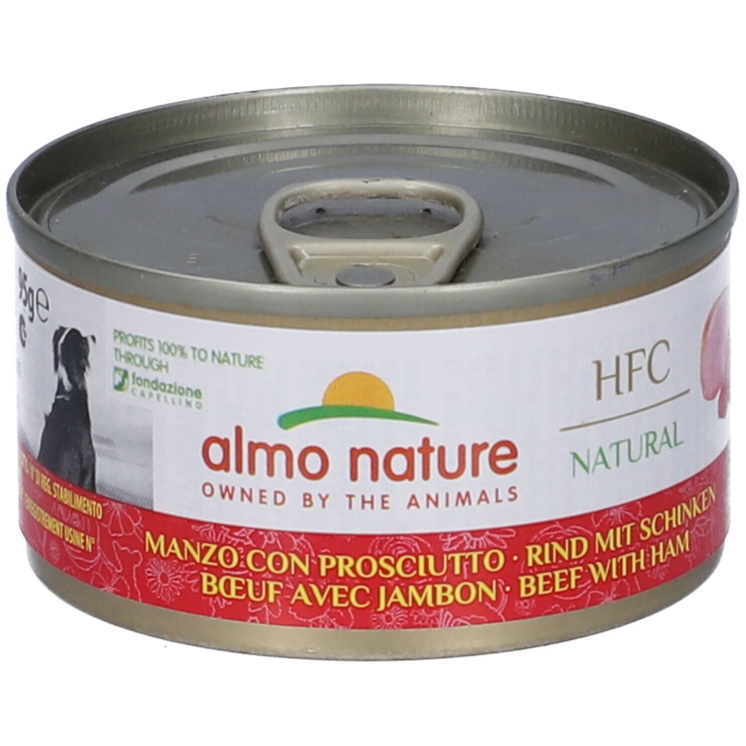 Lattina di cibo per cani Almo Nature HFC. Scritta: Manzo con Prosciutto, Rind mit Schinken, Beef with Ham. Lattina con coperchio.