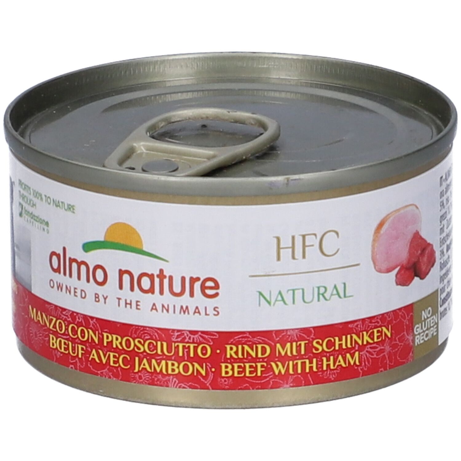 Lattina di cibo per cani Almo Nature HFC. Scritta: Manzo con Prosciutto, Rind mit Schinken, Beef with Ham. Lattina con pezzo di carne.
