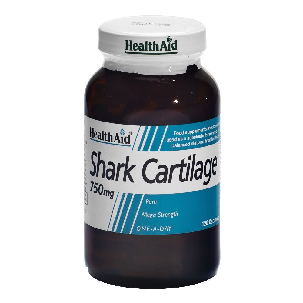 Flacone marrone con etichetta bianca. Health Aid Shark Cartilage 750mg. 120 capsule. Tappo bianco con logo Health Aid.