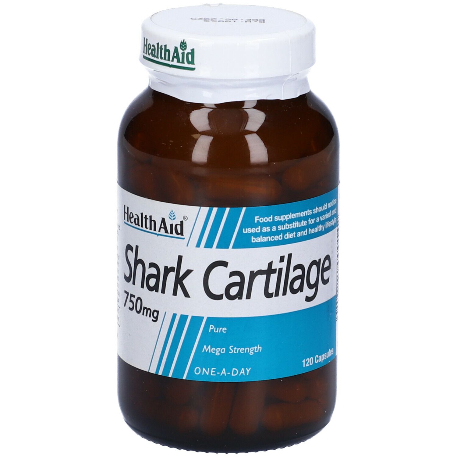 Flacone marrone con capsule. Health Aid Shark Cartilage 750mg. 120 capsule. Tappo bianco con logo Health Aid.