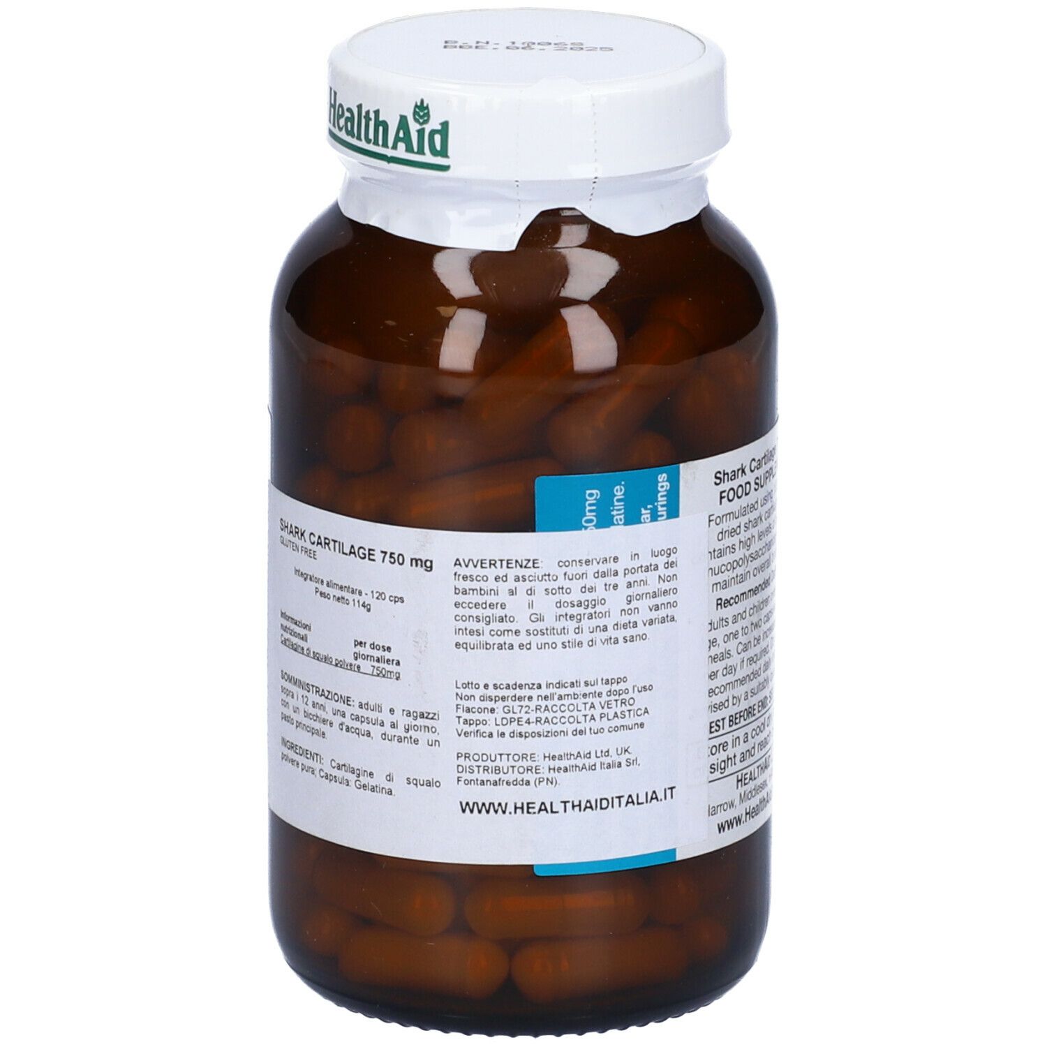 Flacone marrone con capsule. Health Aid Shark Cartilage 750mg. 120 capsule. Tappo bianco con logo Health Aid.