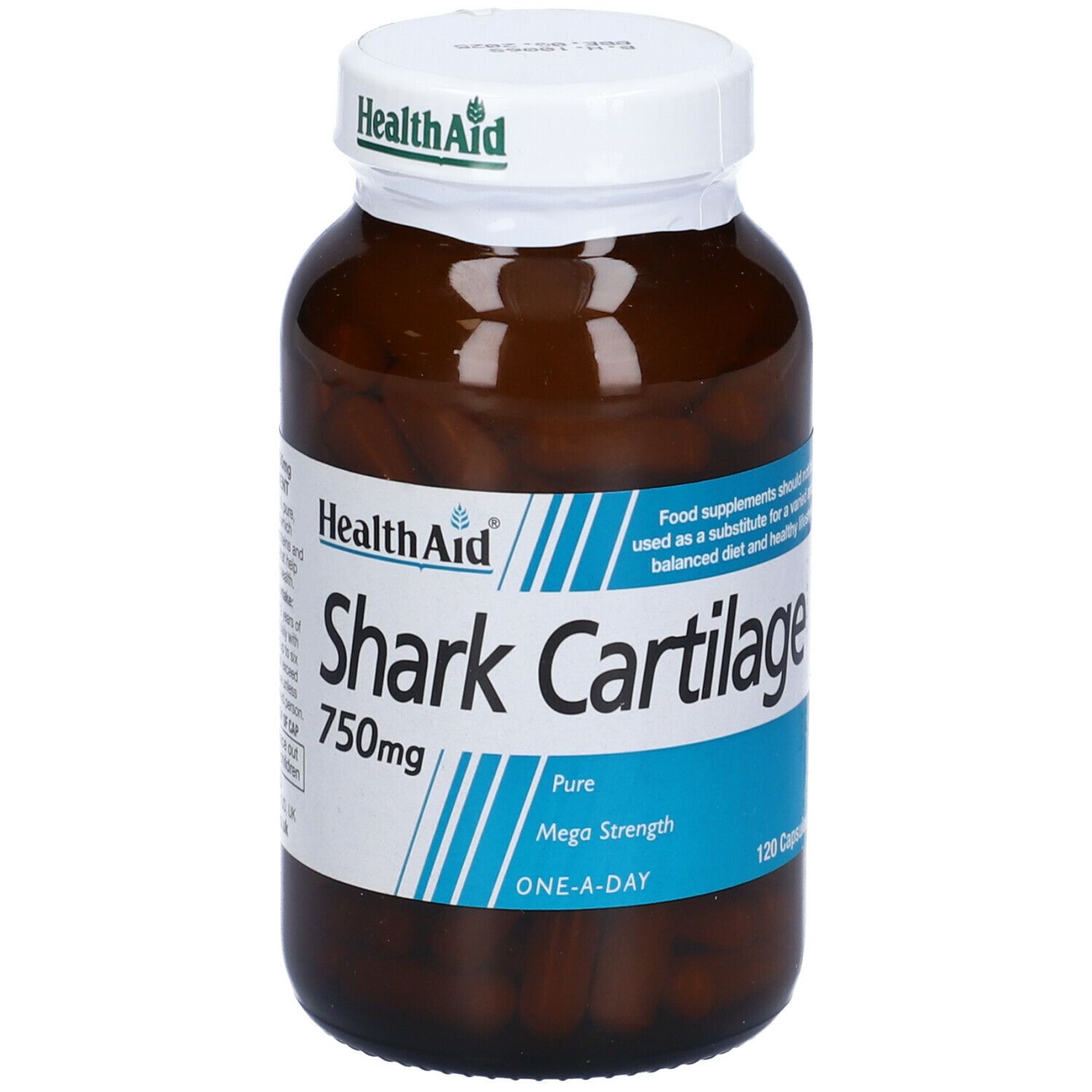 Flacone marrone con capsule. Health Aid Shark Cartilage 750mg. 120 capsule. Tappo bianco con logo Health Aid.