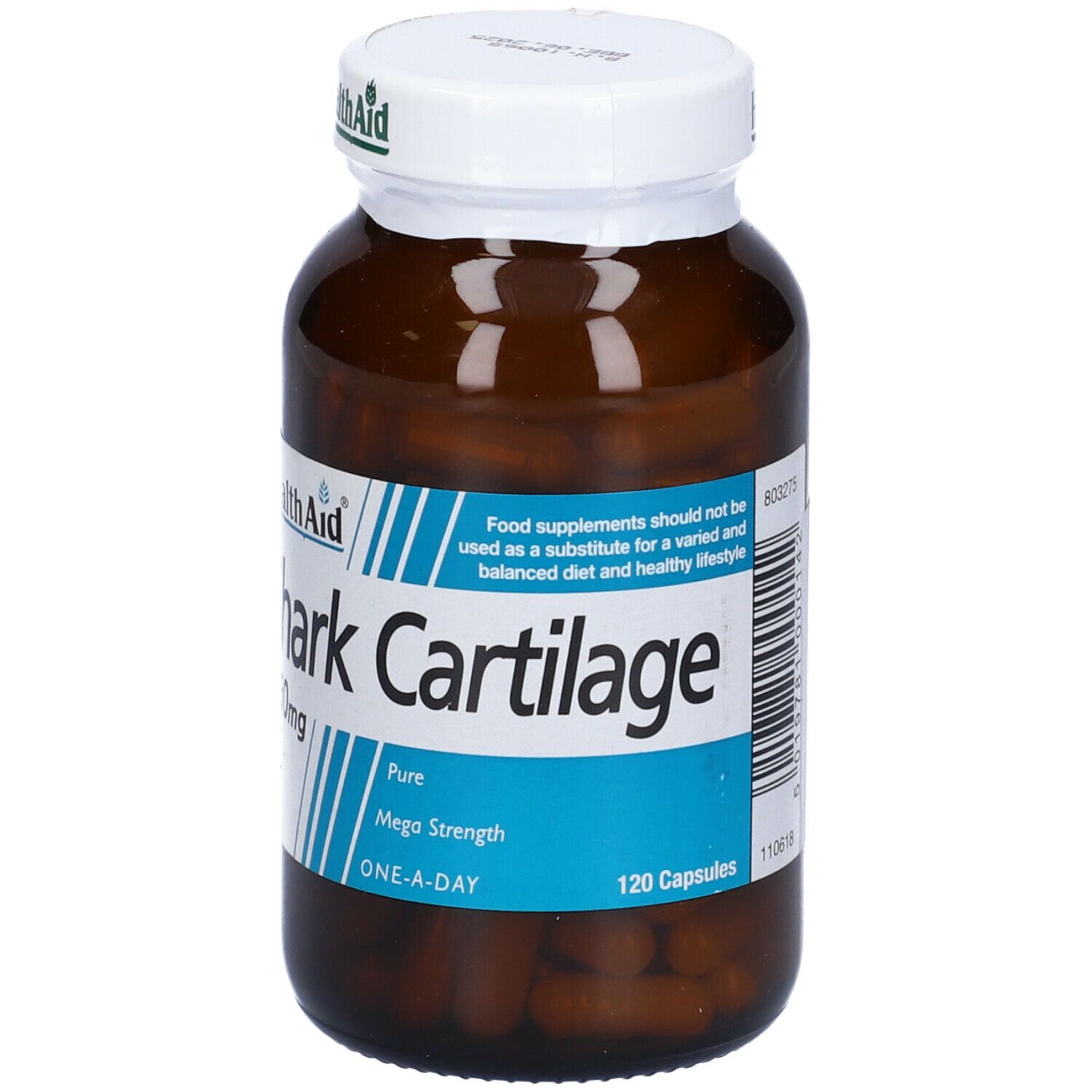Flacone marrone con capsule. Health Aid Shark Cartilage 750mg. 120 capsule. Tappo bianco con logo Health Aid.