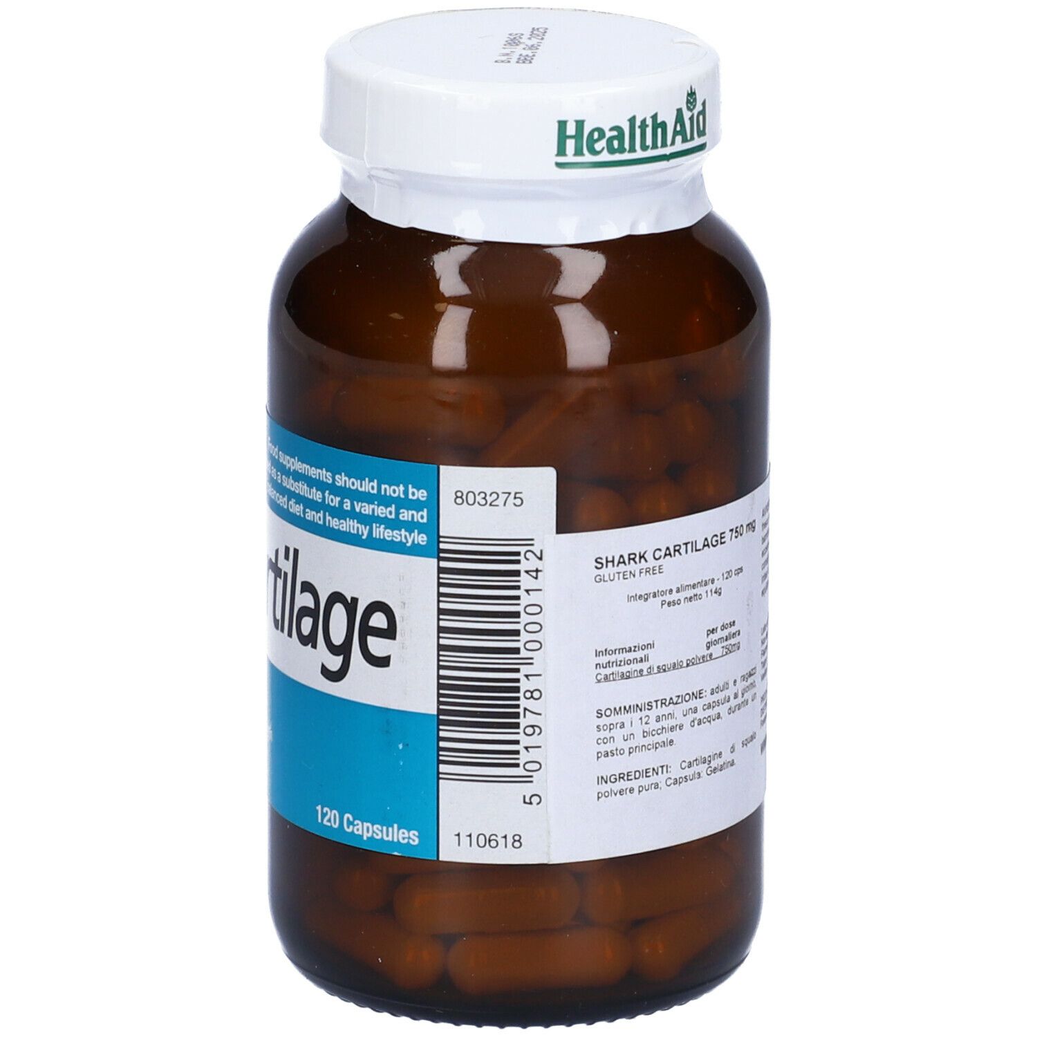 Flacone marrone con capsule. Health Aid Shark Cartilage 750mg. 120 capsule. Tappo bianco con logo Health Aid.