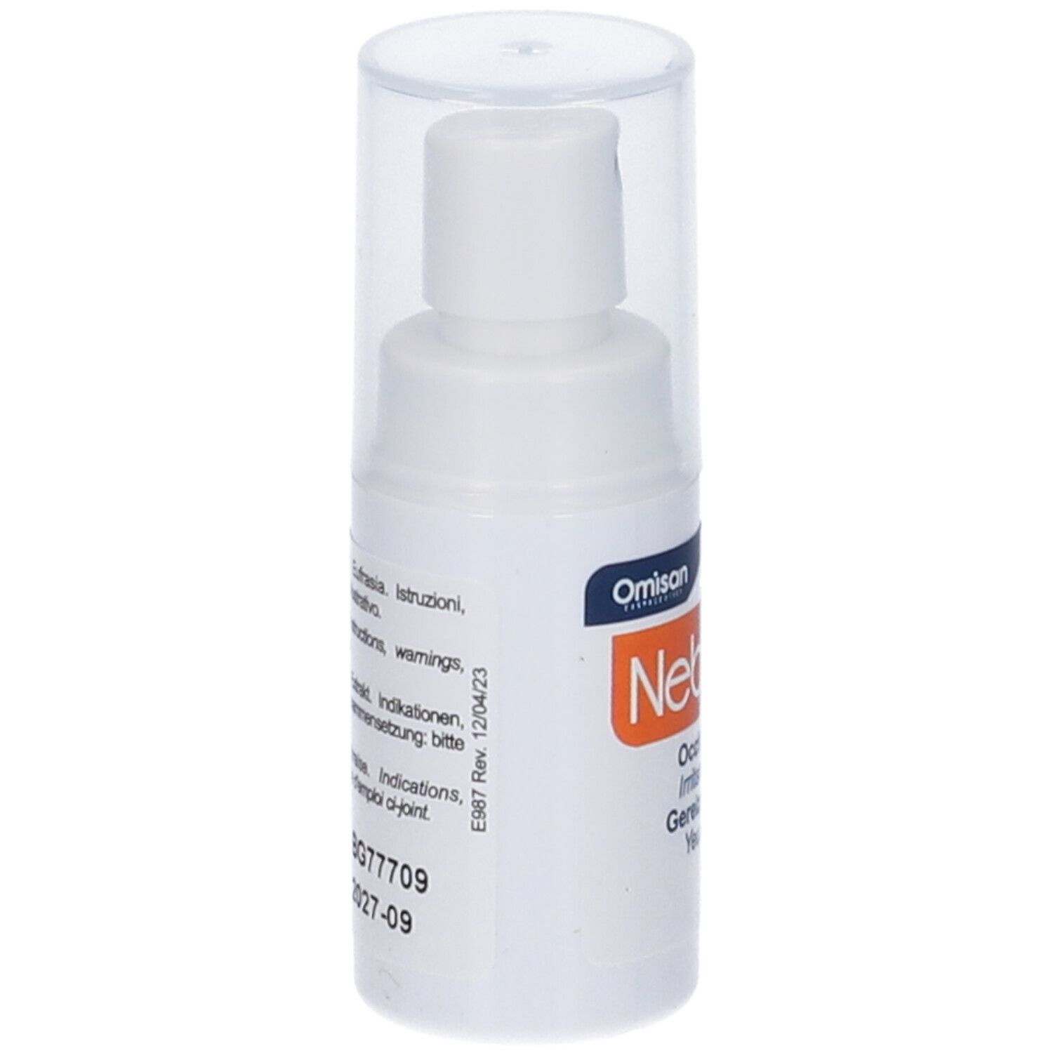 Rückseite der NebuVis Sprayflasche mit Produktinformationen und Chargennummer.