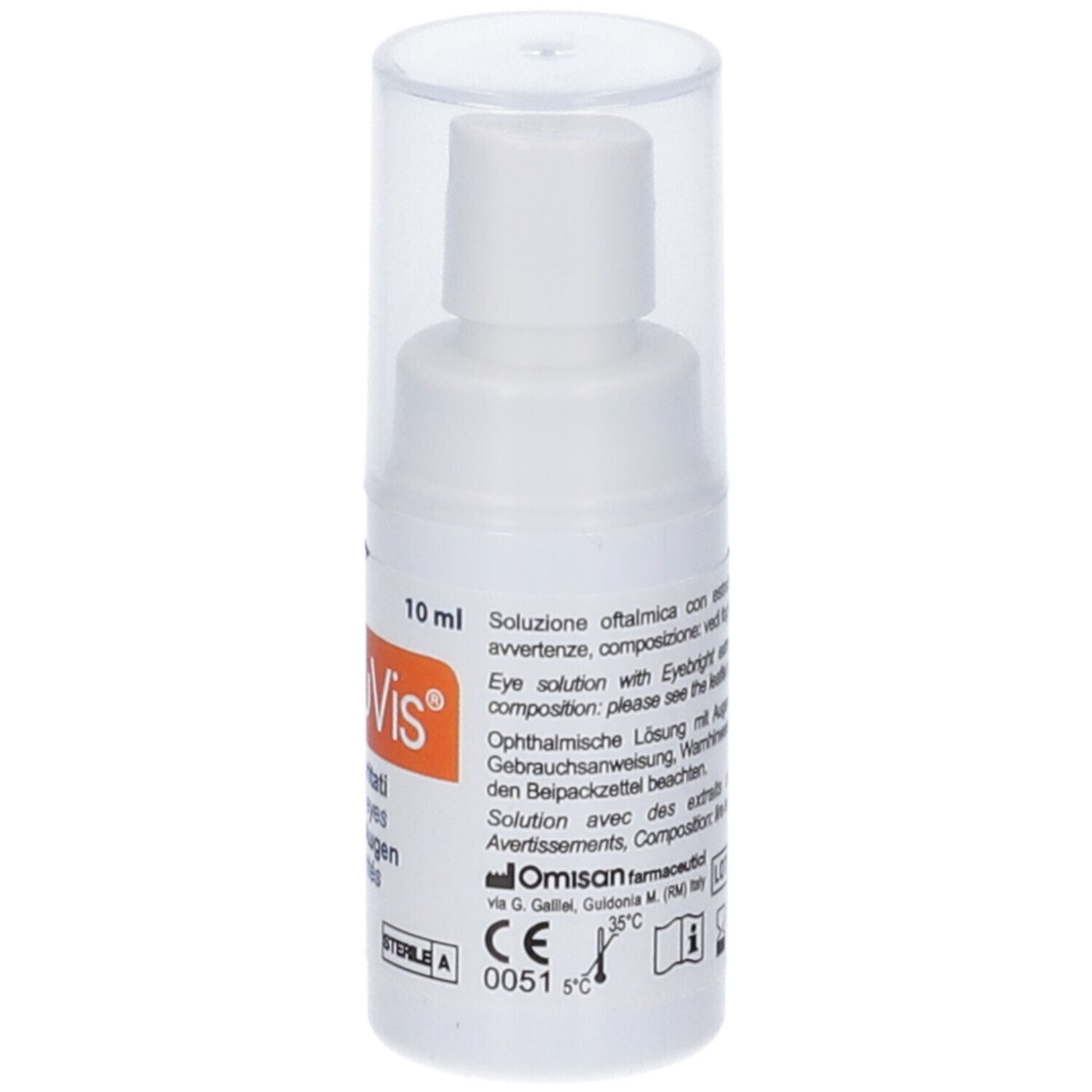 Vorderseite der NebuVis Sprayflasche mit CE-Kennzeichnung und Temperaturangabe.
