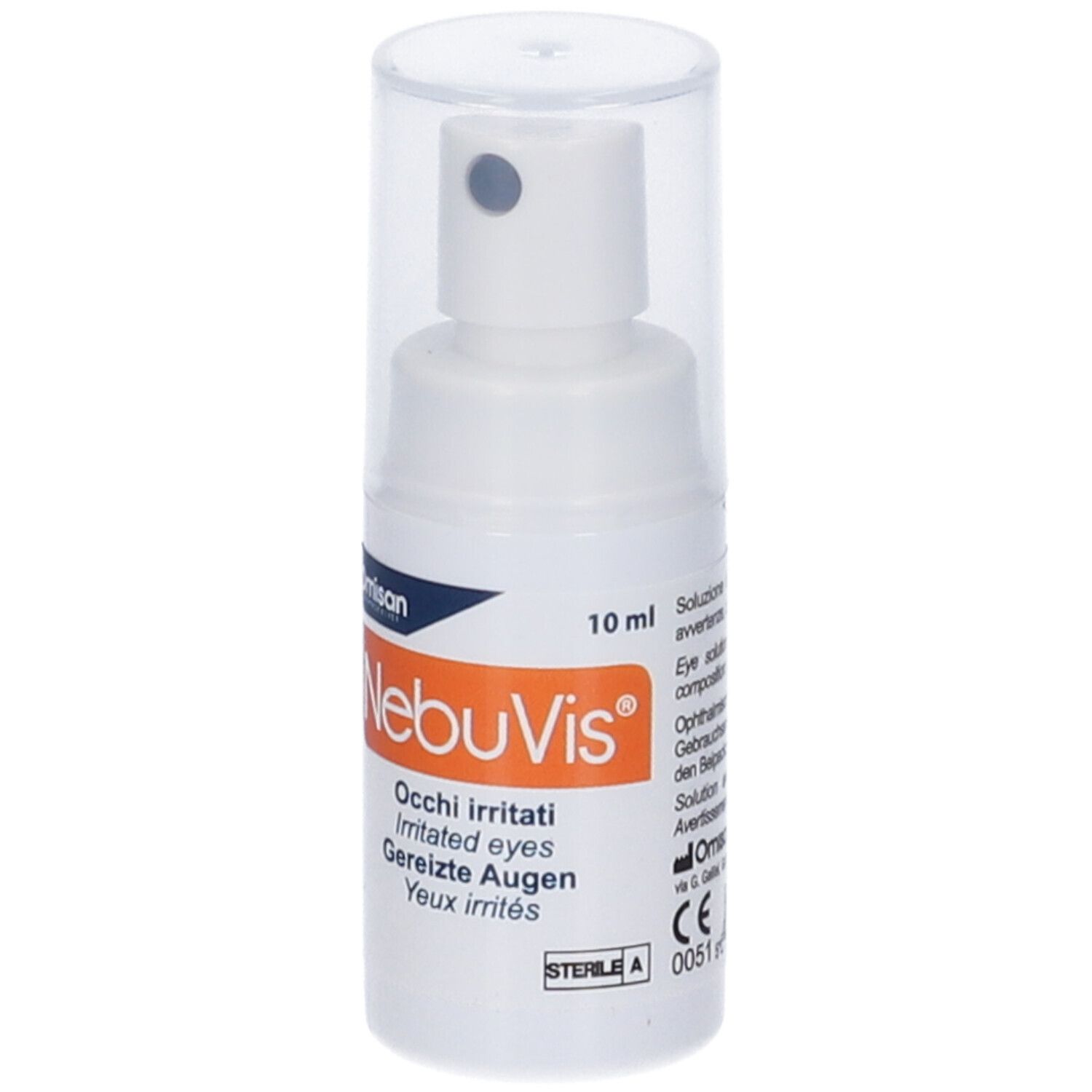 NebuVis Sprayflasche mit 10ml Inhalt, transparentem Verschluss und Sprühkopf.