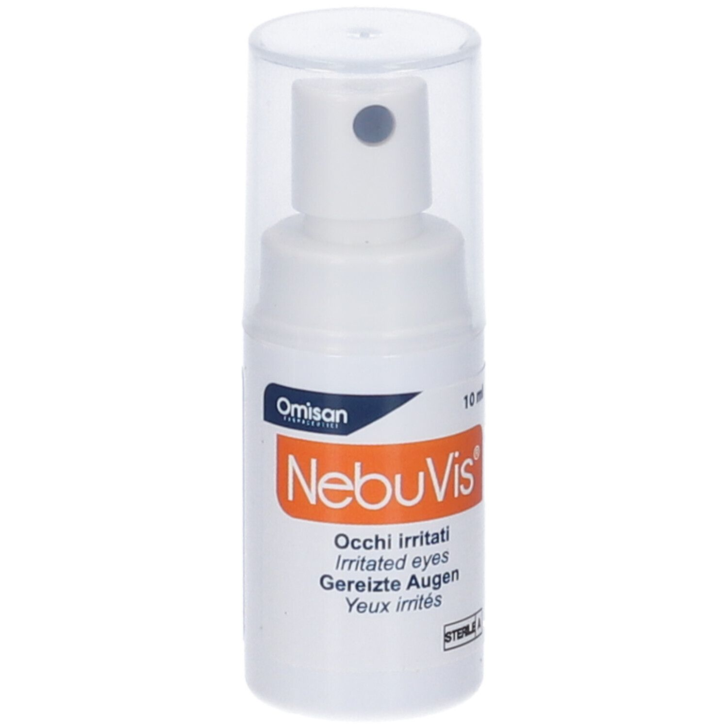 NebuVis Sprayflasche mit 10ml Inhalt, transparentem Verschluss und Sprühkopf.