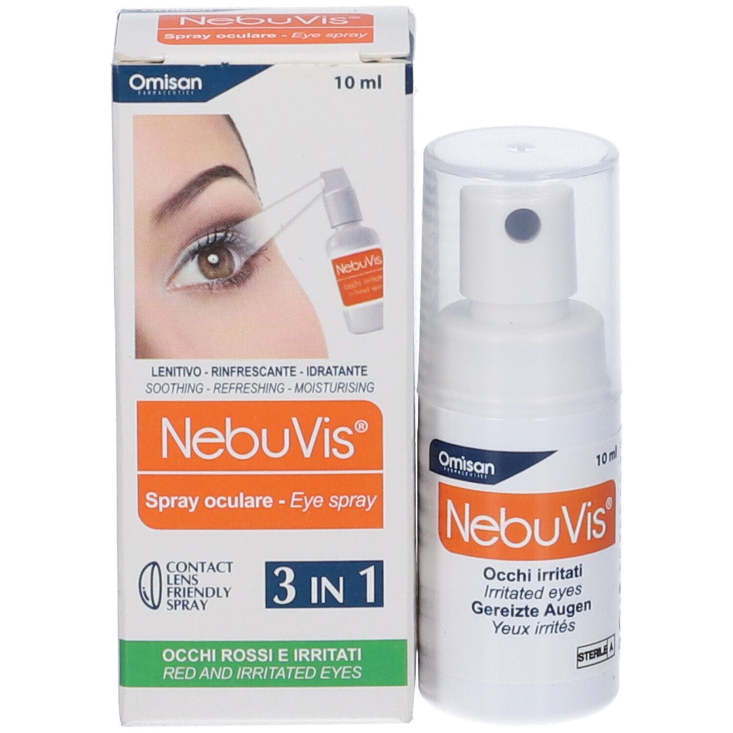 NebuVis Spray und Verpackung: 10ml Flasche, Sprühkopf, Anwendungshinweise.