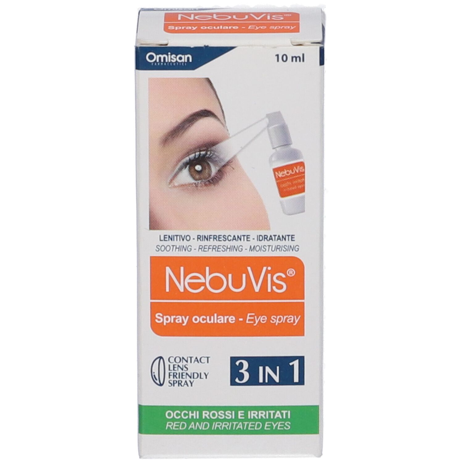 NebuVis Spray und Verpackung: 10ml Flasche, Sprühkopf, Anwendungshinweise.