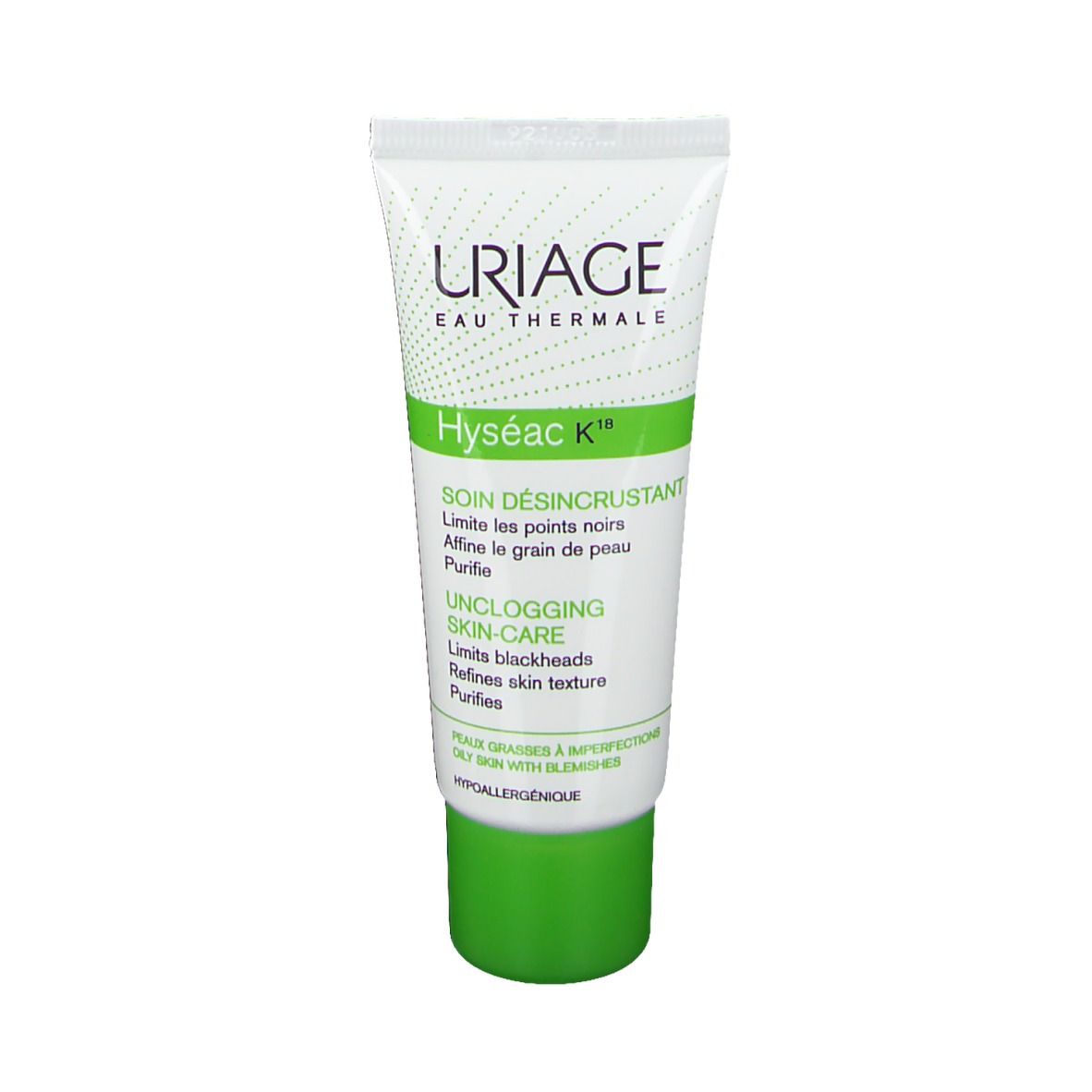 Tube de crème avec bouchon vert. Inscriptions: URIAGE, Hyséac K18. Texte en français et anglais.