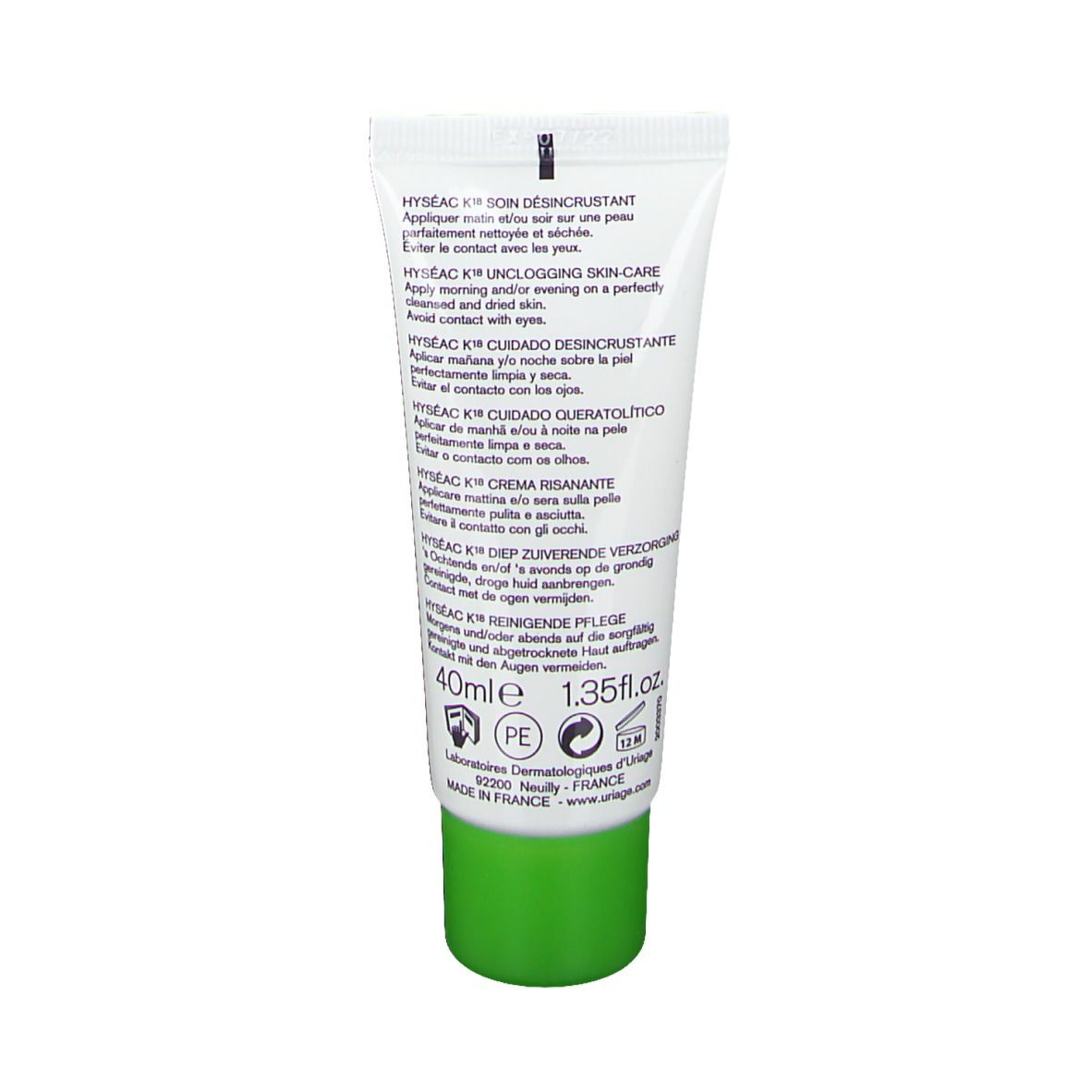 Dos du tube de crème. Texte en français, anglais, italien, néerlandais et allemand. Volume: 40ml.