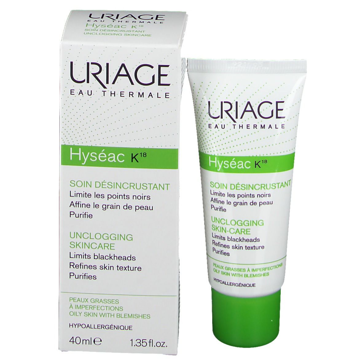 Emballage du produit avec tube et boîte. Inscriptions: URIAGE, Hyséac K18. Texte en français et anglais. Volume: 40ml.