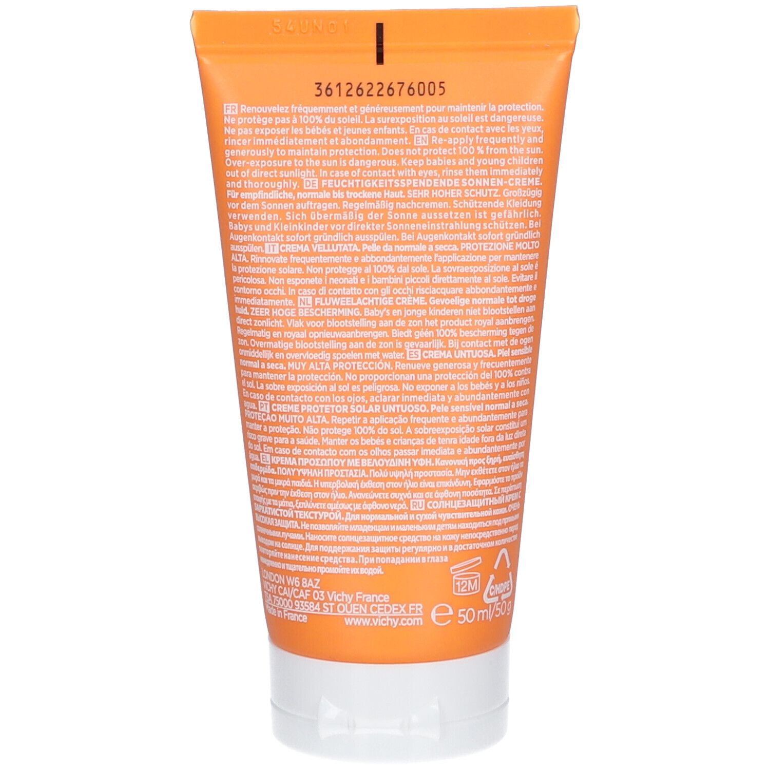 Rückseite einer orangefarbenen Sonnencreme-Tube. Text in mehreren Sprachen. Weißer Verschluss.