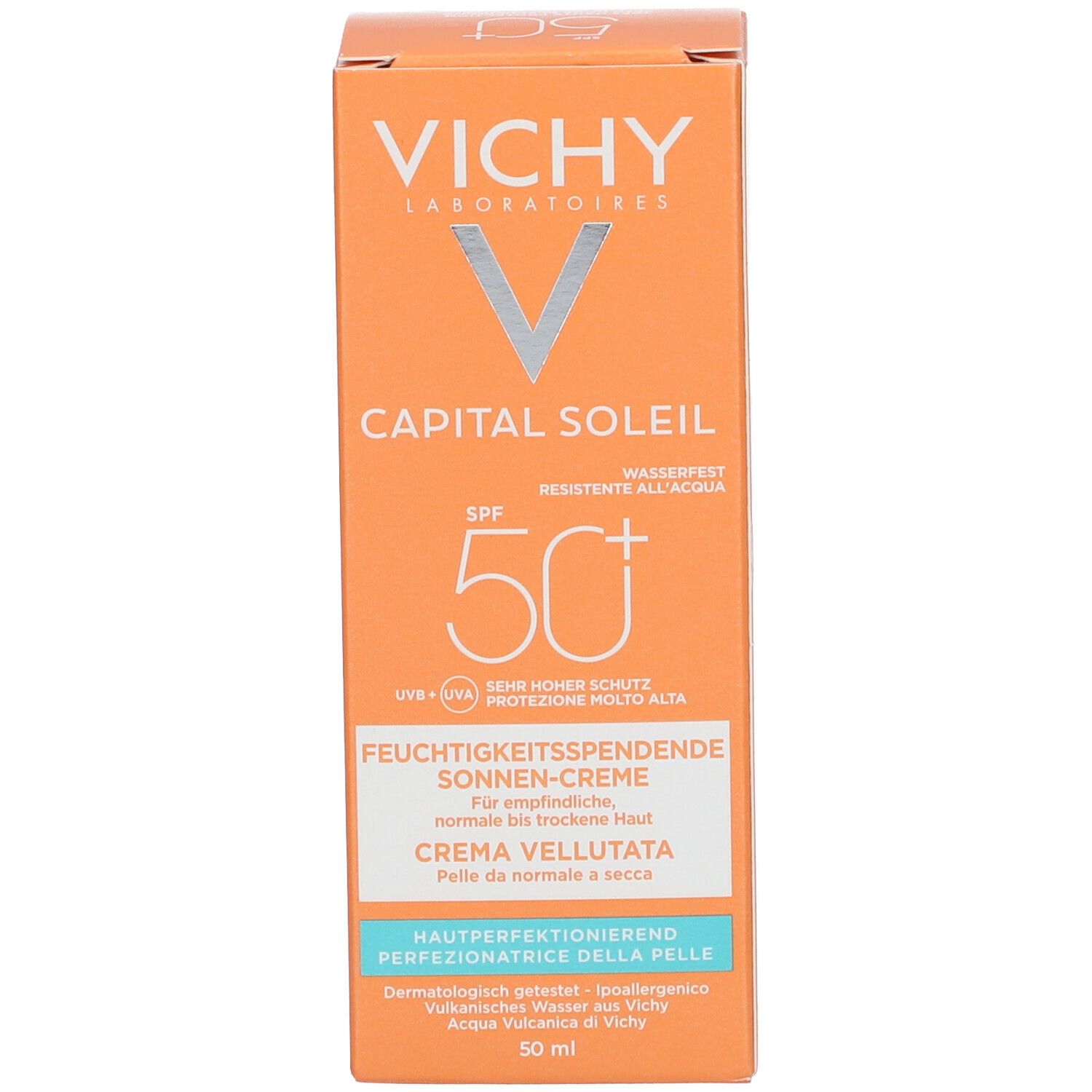 Sonnencreme-Verpackung. Aufschrift: Vichy, Capital Soleil, SPF 50+, Feuchtigkeitsspendende Sonnen-Creme.