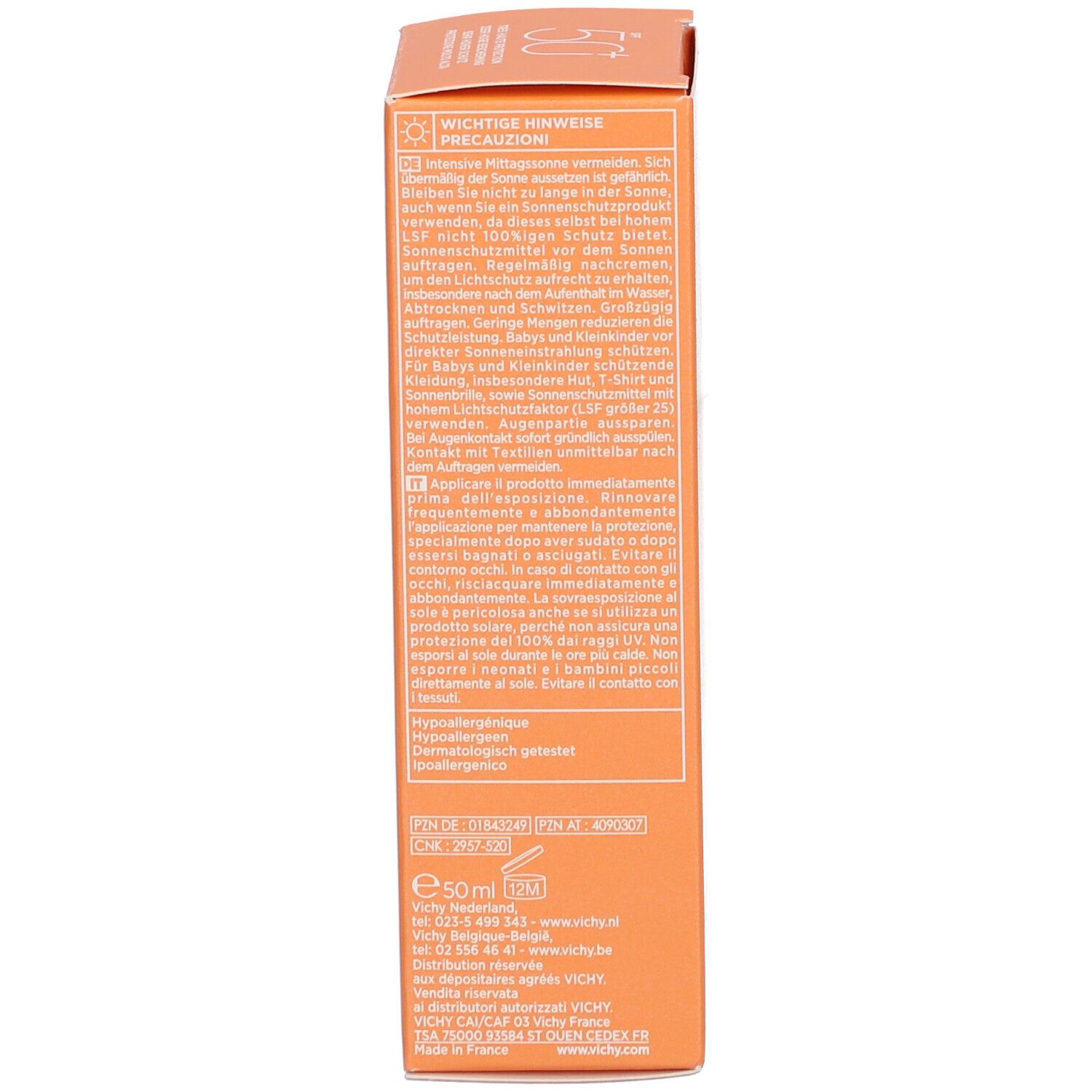 Sonnencreme-Verpackung. Text: Wichtige Hinweise. Orangefarbener Hintergrund.