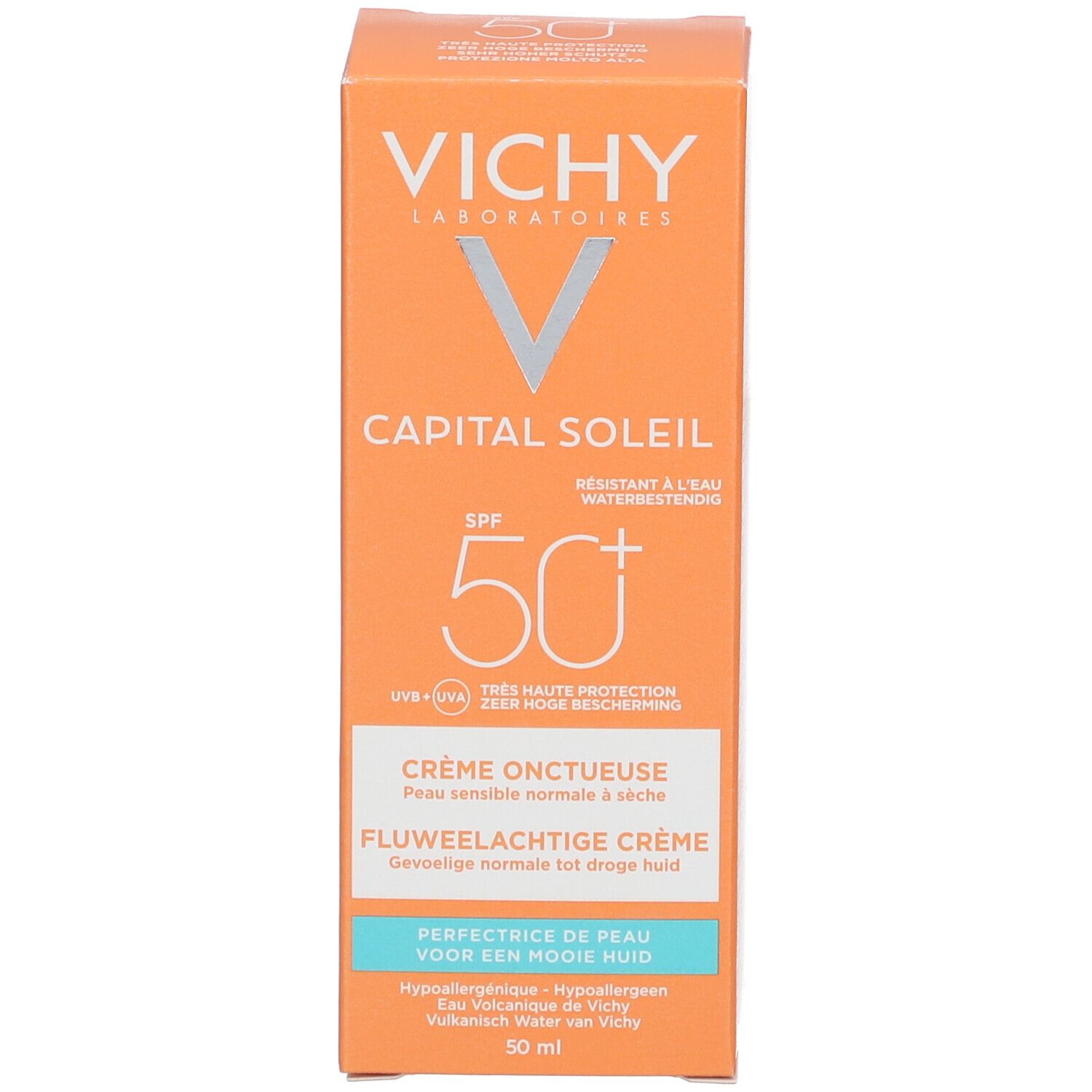 Sonnencreme-Verpackung. Aufschrift: Vichy, Capital Soleil, SPF 50+, Feuchtigkeitsspendende Sonnen-Creme.